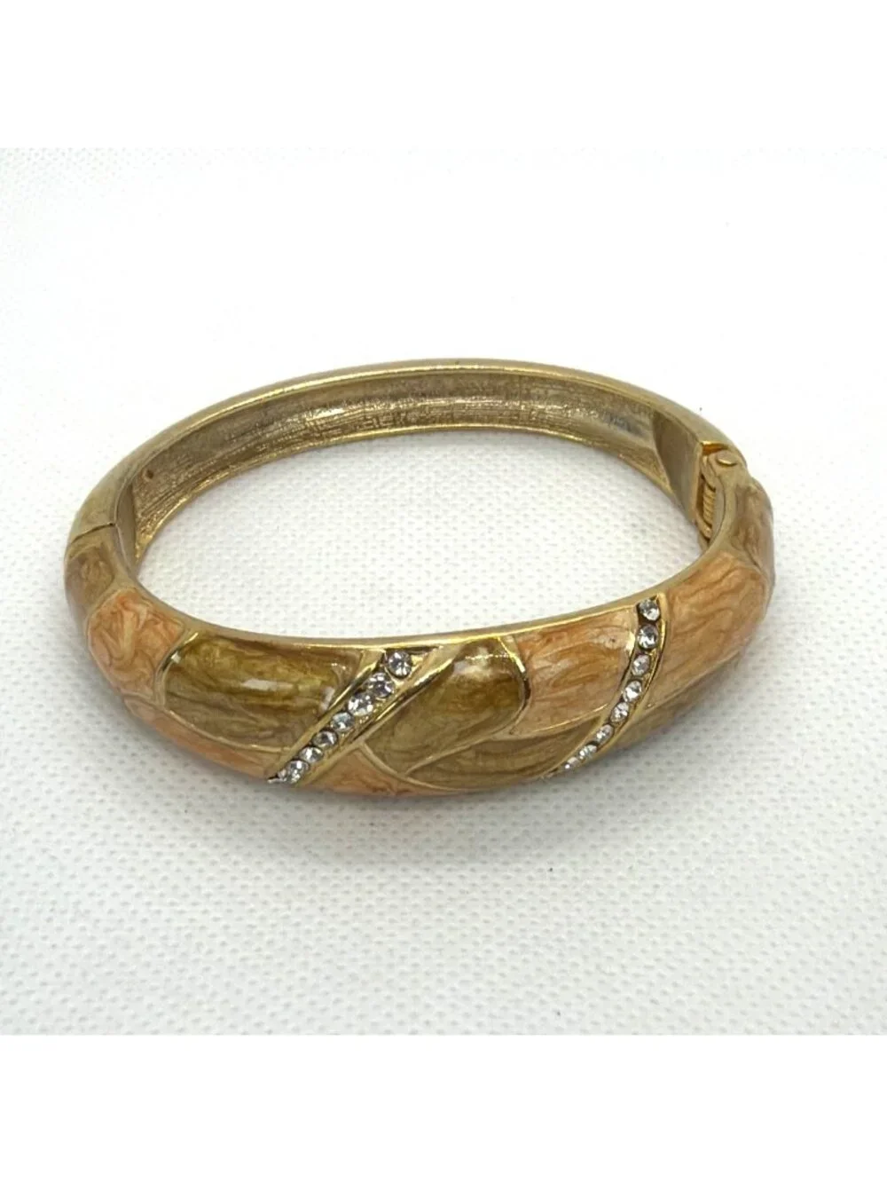 VTG Art Deco Enamel Gold Tone Hinged Bangle Rhinestone Clamper Retro Bracelet - Picture 6 of 16